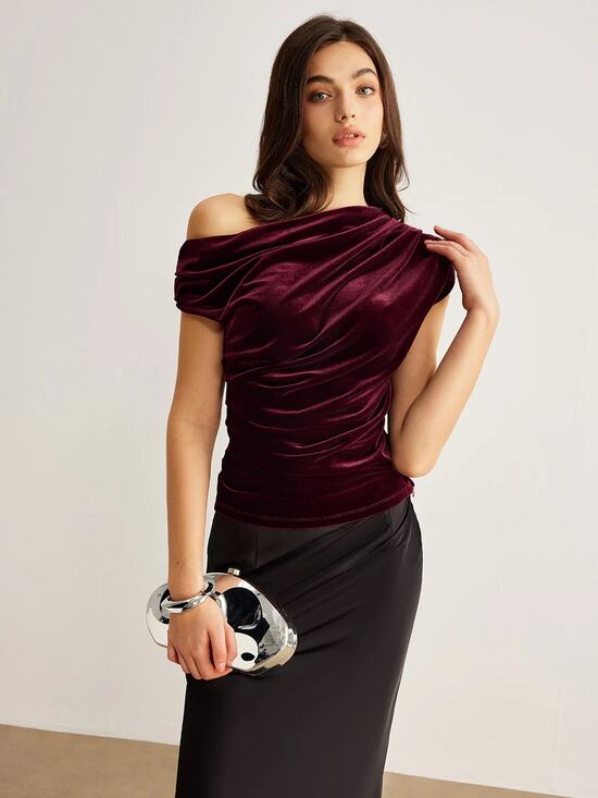 Commense Tops - Commense Burgundy Velvet Asymmetrical Pleated Top Size L One Shoulder
 Party